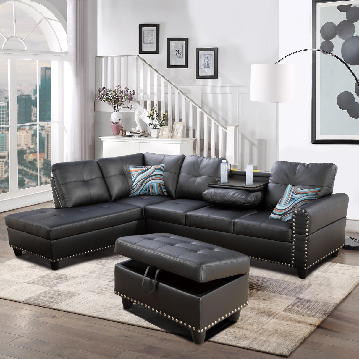 Faux Leather L-Shaped Sectional Sofa with Storage Ottoman, Nailhead Rivet Hemming