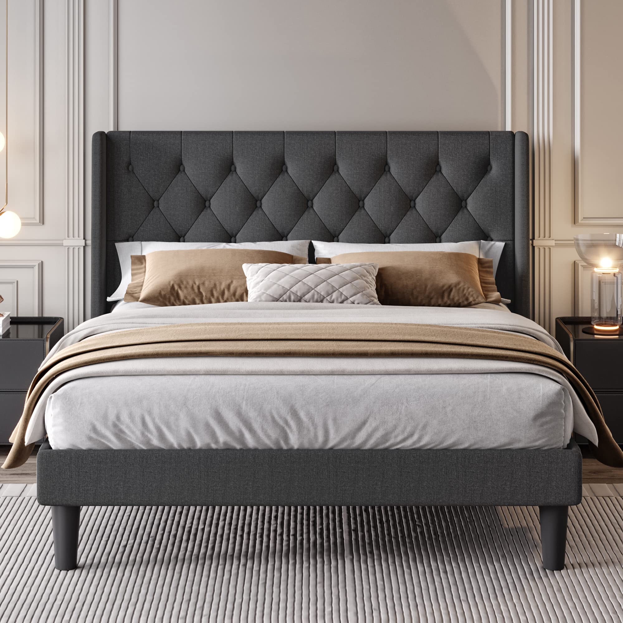 Queen Size Bed Frame, Velvet Upholstered Platform Bed Frame and Headboard with Rivet Decor,