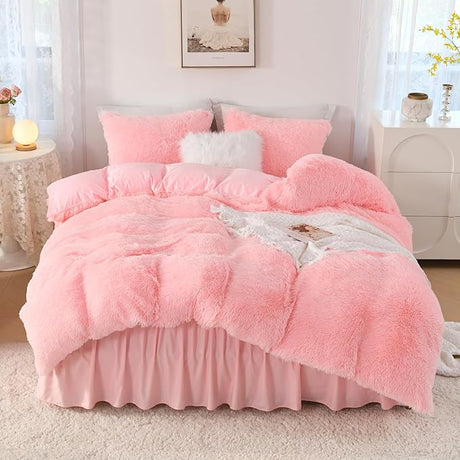 Black Fluffy Comforter King Size, Luxury Plush Faux Fur Bedding Set for King Bed,