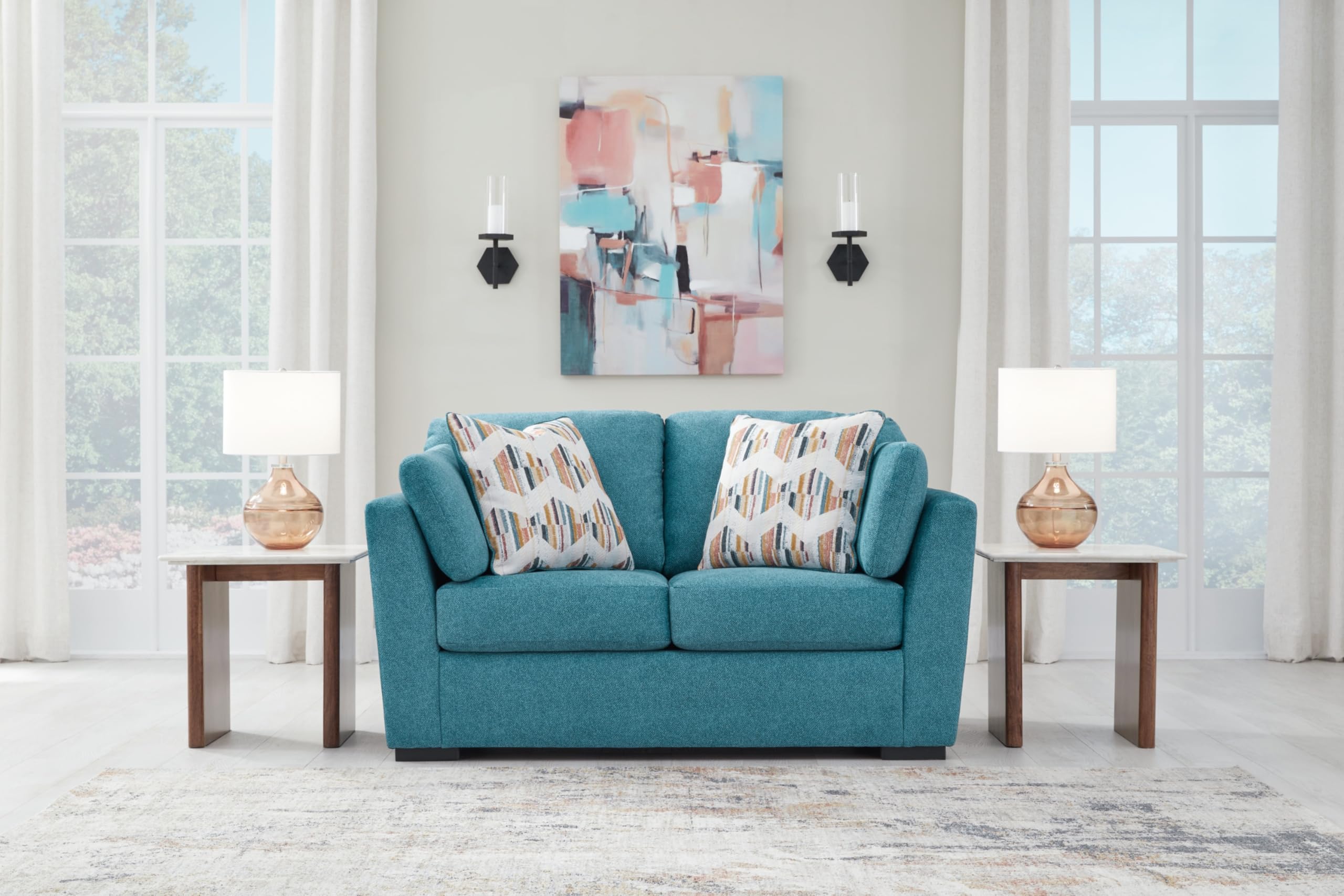 Keerwick Scandinavian Loveseat with 4 Toss Pillows, Blue