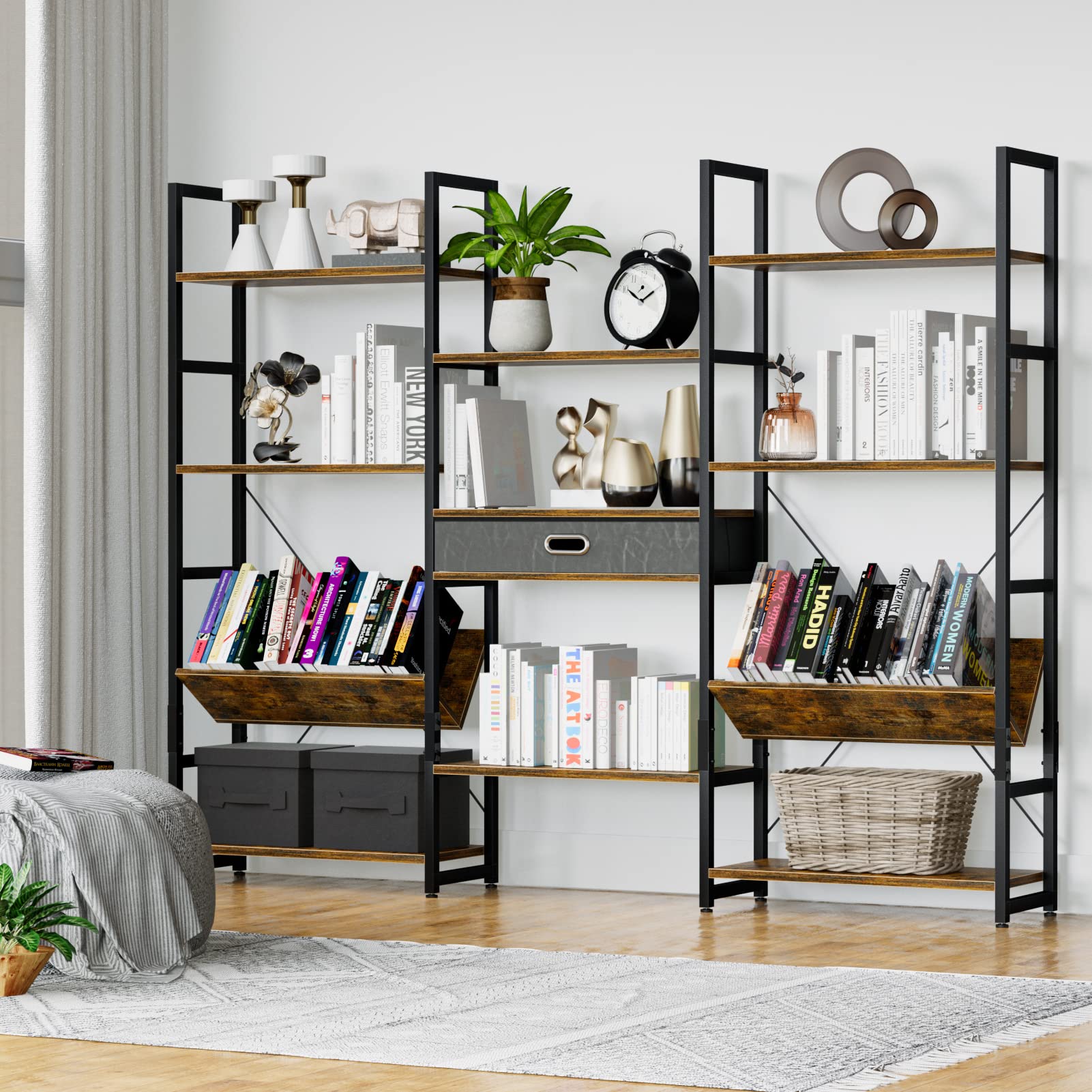Triple Wide 4 Tier Bookcase, Adjustable Rustic Industrial Style Book Shelves, Modern Tall