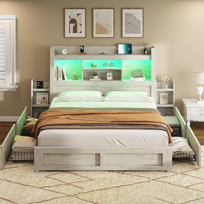 Queen Bed Frame with 4 Storage Drawer, LED Bed Frame with 49.6" Tall Bookcase