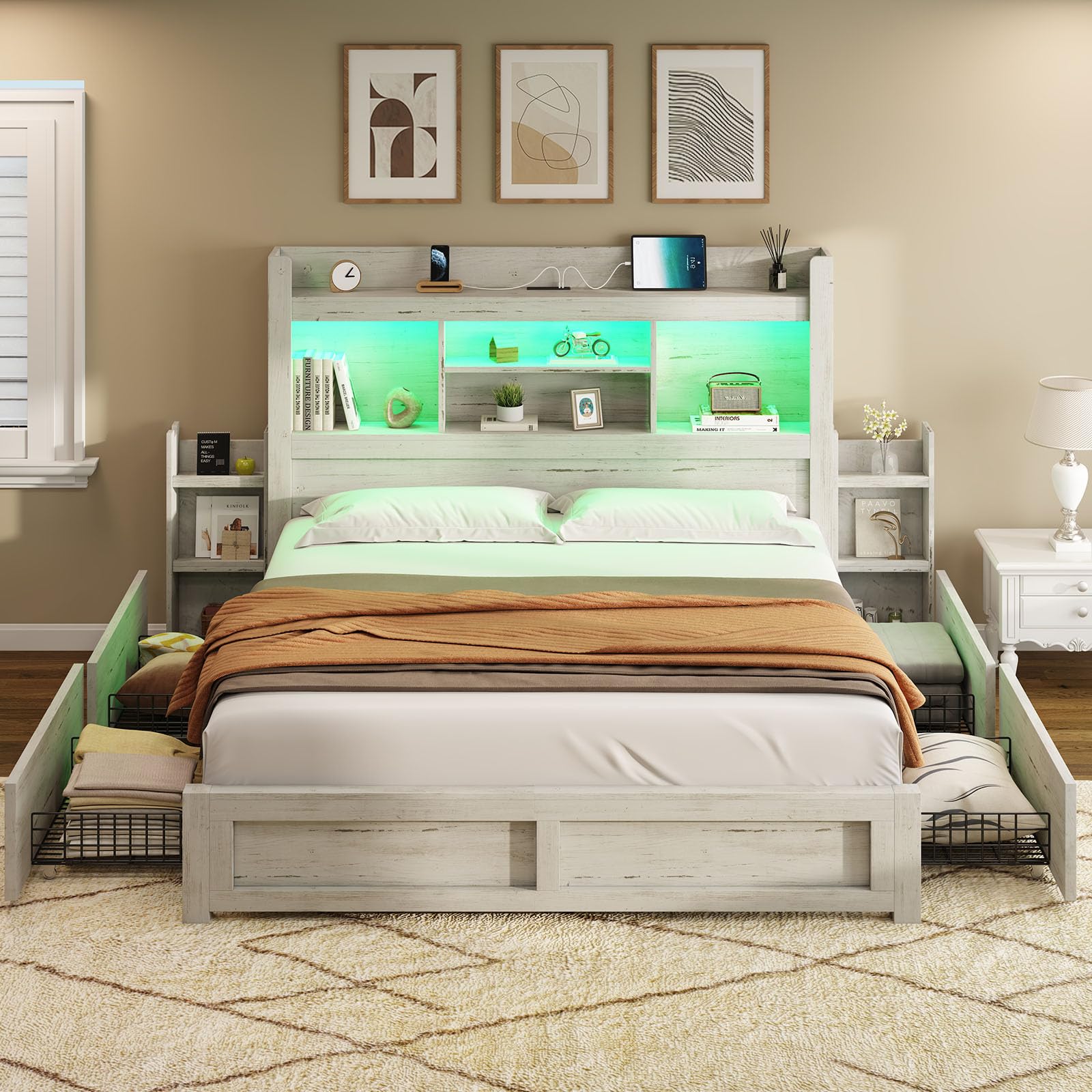 Queen Bed Frame with 4 Storage Drawer, LED Bed Frame with 49.6" Tall Bookcase