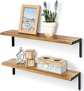 Wood Shelves for Wall, 24 Inch Rustic Floating Shelf with L Brackets for Bedroom