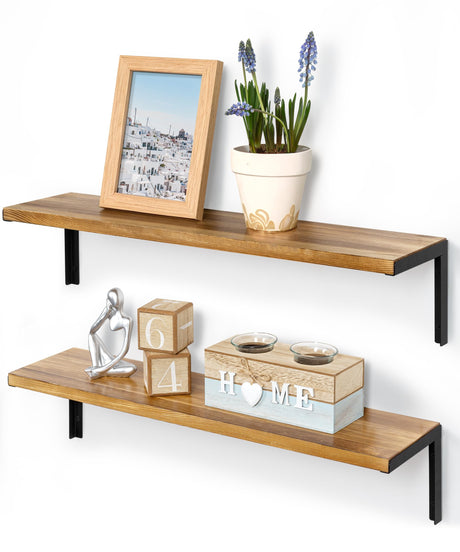 Wood Shelves for Wall, 24 Inch Rustic Floating Shelf with L Brackets for Bedroom Living