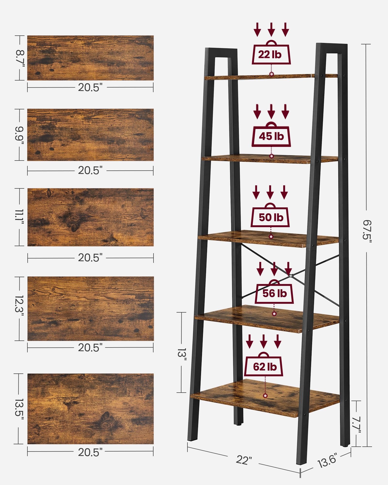 Ladder Shelf, 5-Tier Bookshelf, Storage Rack, Bookcase with Steel Frame