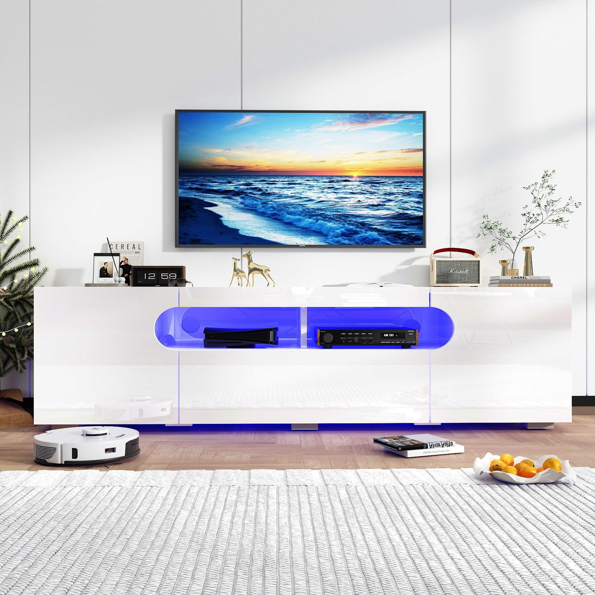 65IN LED TV Stand for 65/70/75inch TV,Modern White TV Stand for Living Room