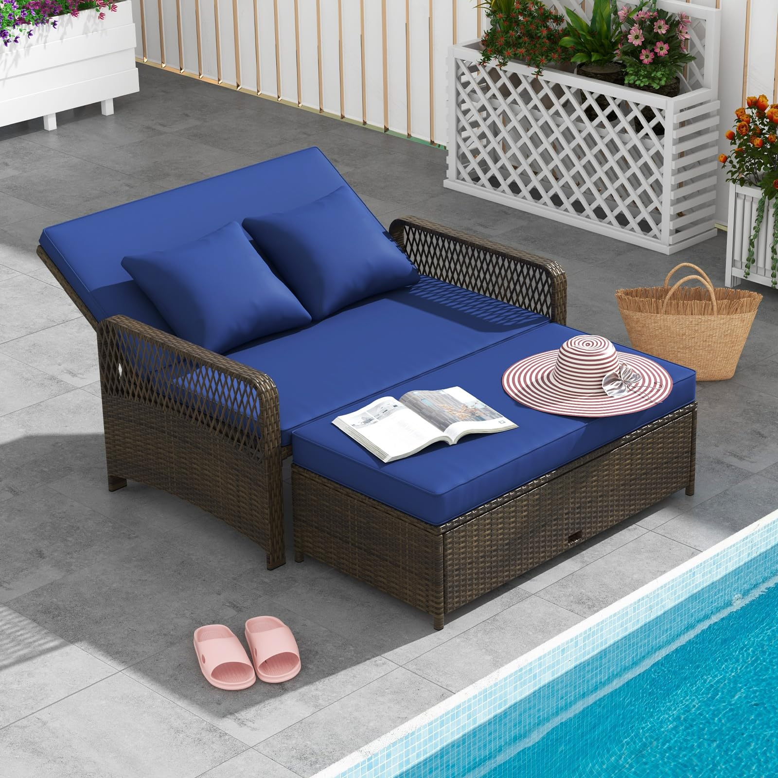 Outdoor Daybed, Wicker Loveseat Sofa Set with Storage Ottoman