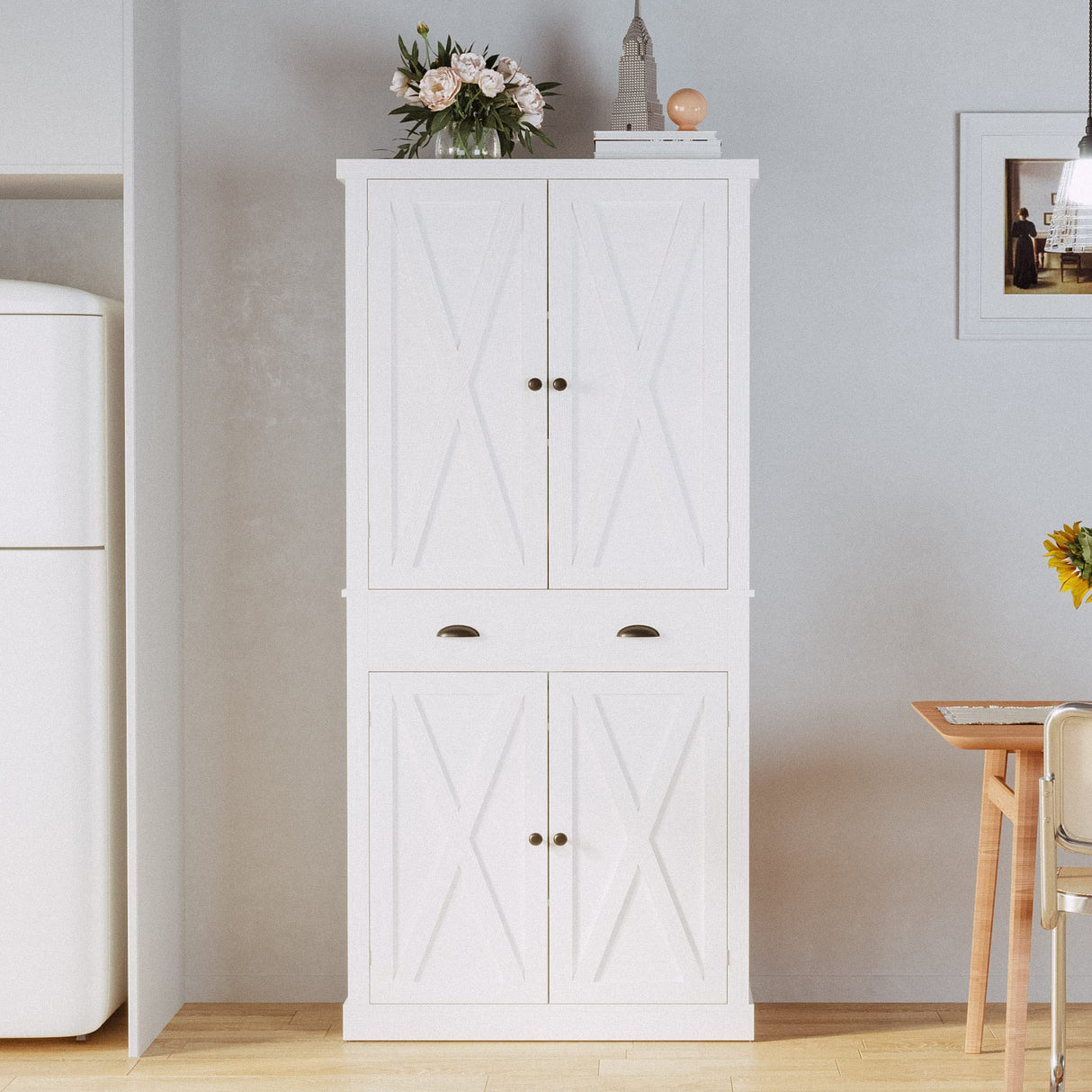 Kitchen Pantry Storage Cabinet 72" Height, with Barn Doors, Drawer