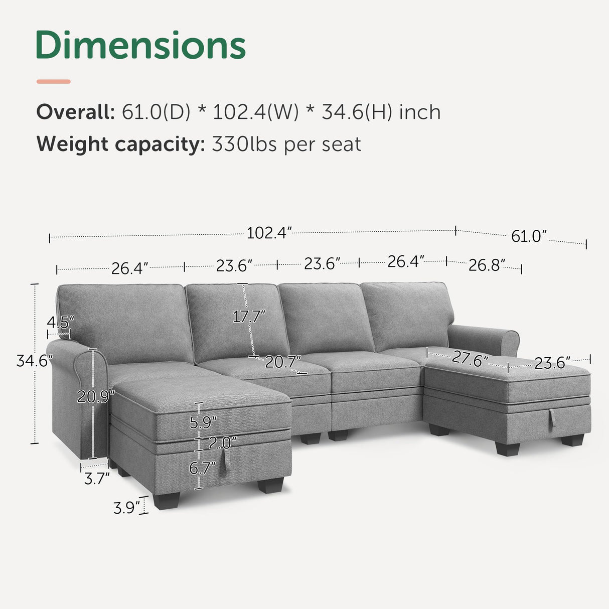 Convertible Sectional Sofa with Storage Seat 6 Seat Sofa with Reversible Chaise U Shaped