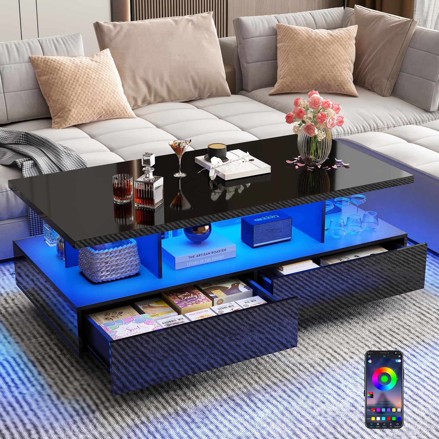 LED Coffee Table w/ 2 Storage Drawers,App Control,High Glossy Modern Black Coffee Table