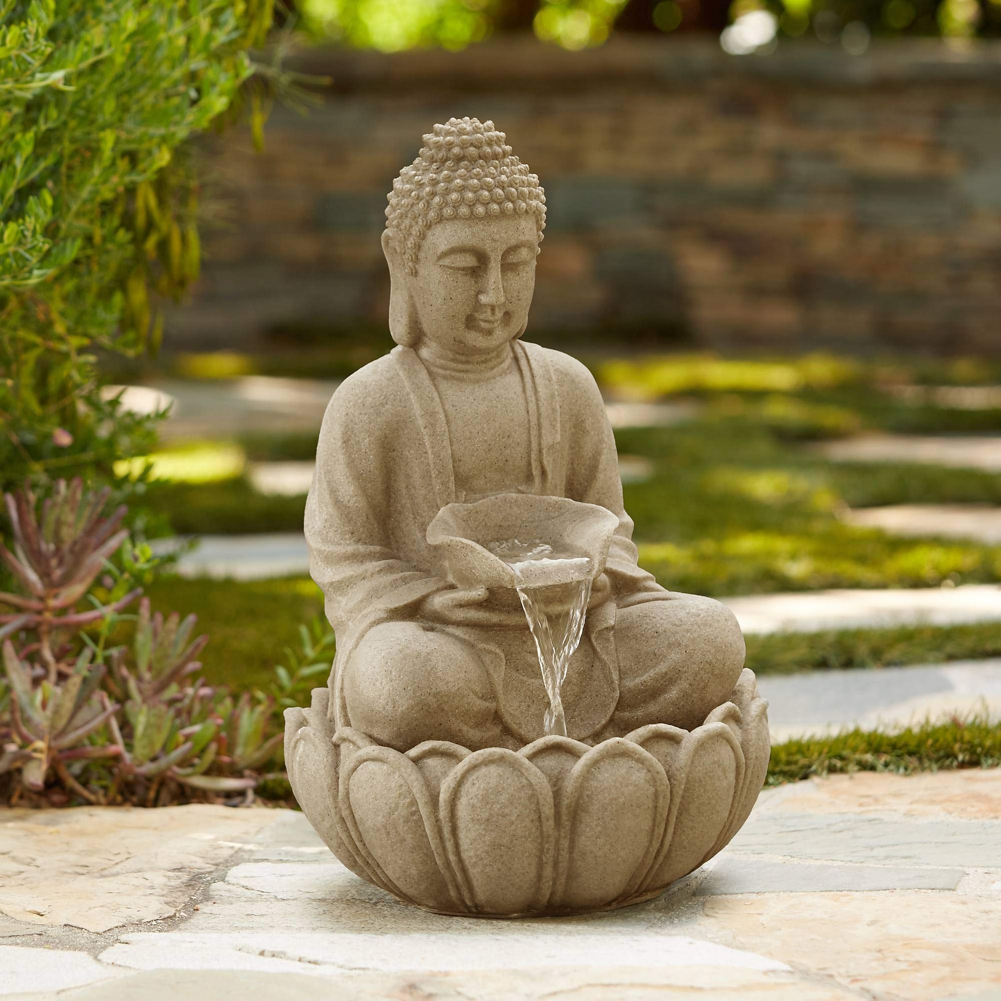 Zen Outdoor Water Fountain with Light LED 22" High Faux Sandstone Meditation