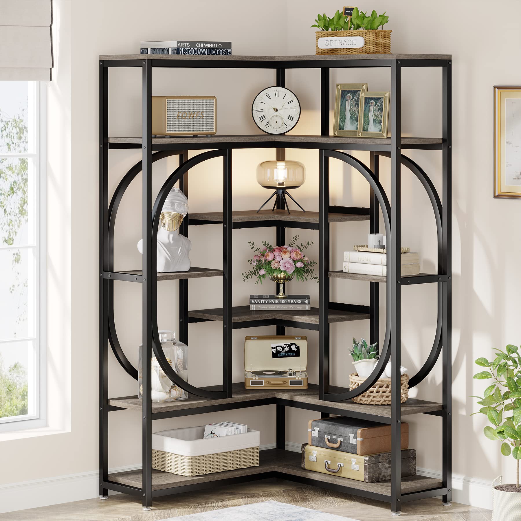 7-Shelf Corner Bookshelf, Large Modern Corner Bookcase, Tall L-Shaped Corner Shelf