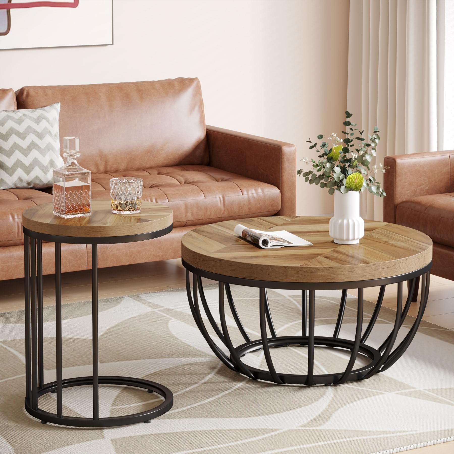 Round Coffee Table, 2 Pieces Nesting Tables with Metal Frame & Wooden Desktop