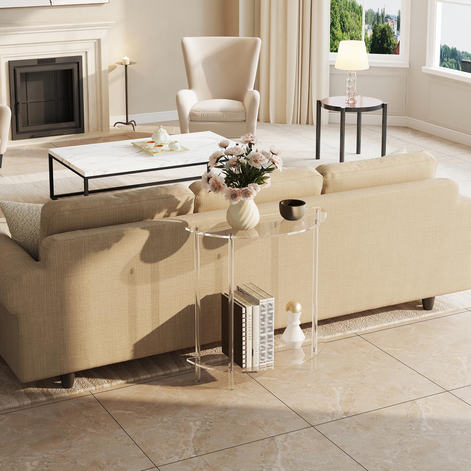 2-Tier Acrylic Console Table - Half Moon Entryway Table with Storage Shelf