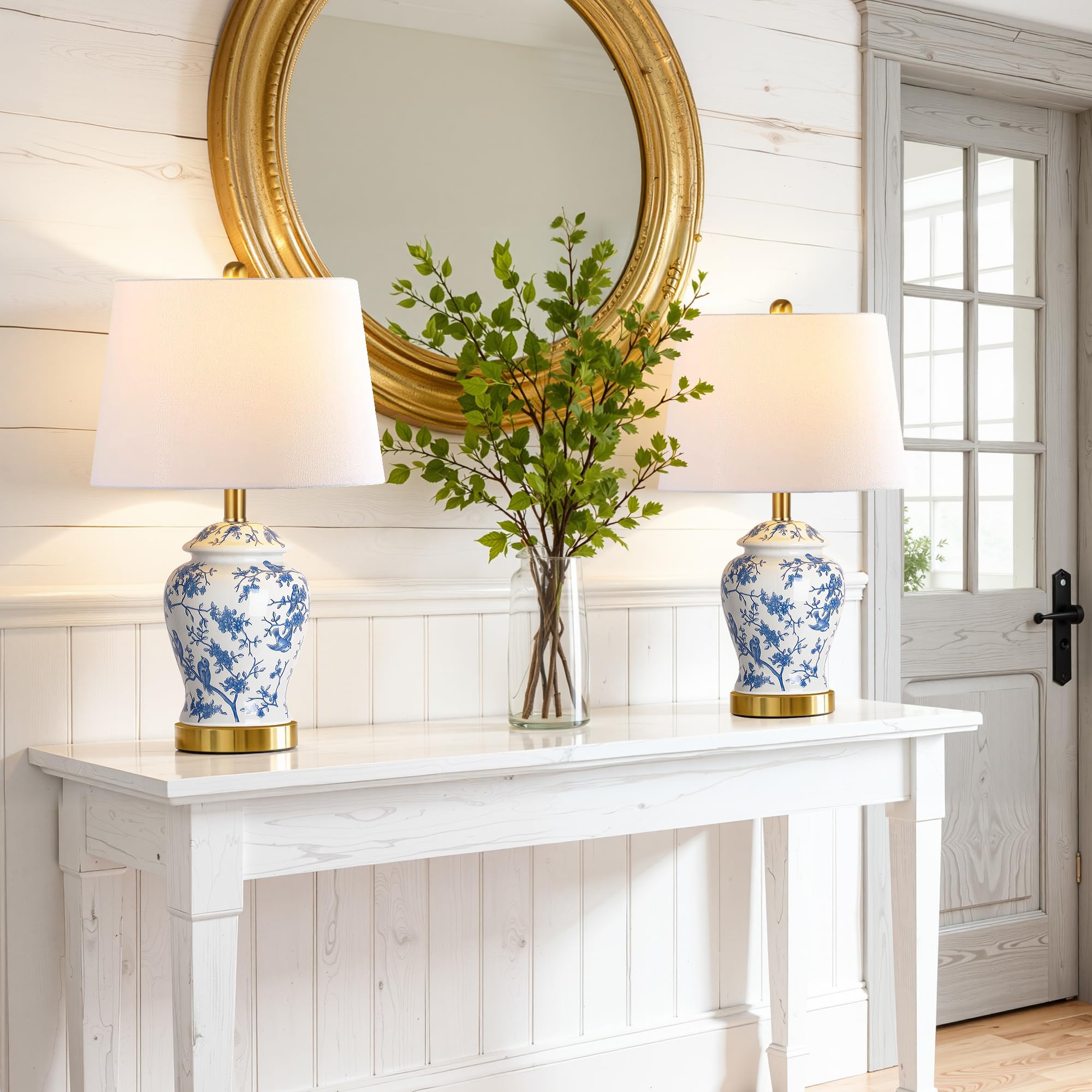 Chinoiserie Ceramic Table Lamps Set of 2 - 22" Blue and White Bedside Lamps