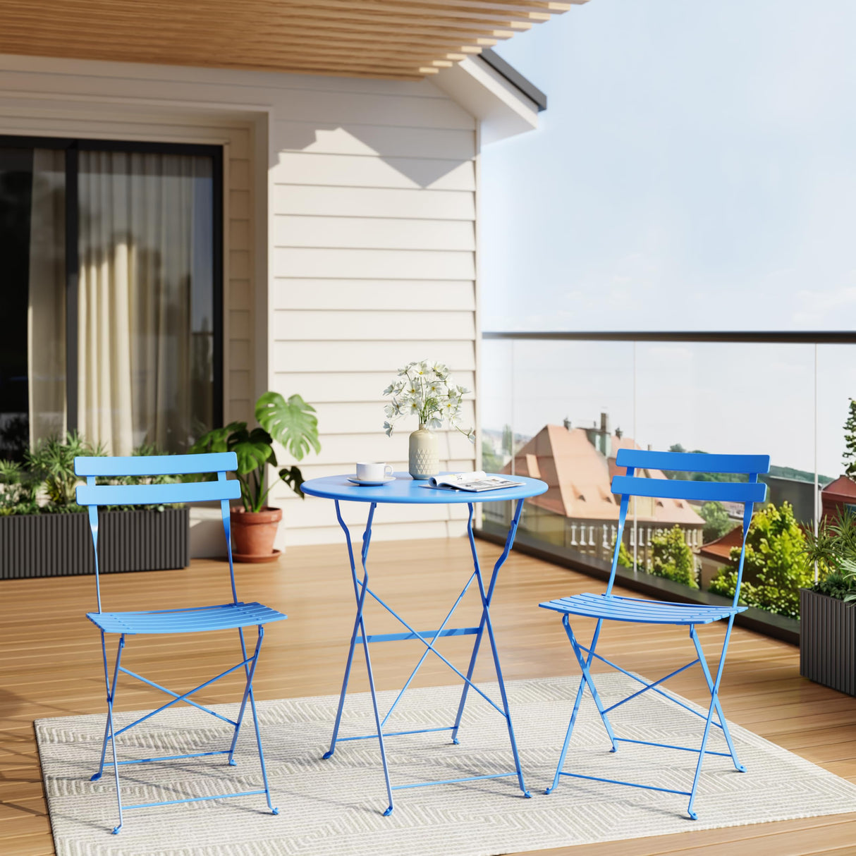 Steel Frame Patio Bistro Set, 3-Piece Outdoor Folding Table and Chairs, Weather Resistant