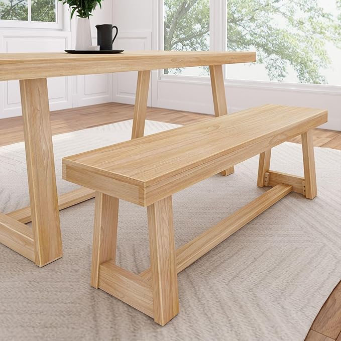 Plank+Beam 60 Inch Farmhouse Dining Bench, Solid Wood Entryway Bench, Wooden Outdoor Bench, Kitchen Dining Seat, Dining Room, Home Office, Living Room Furniture, Easy Assembly, Walnut Wirebrush