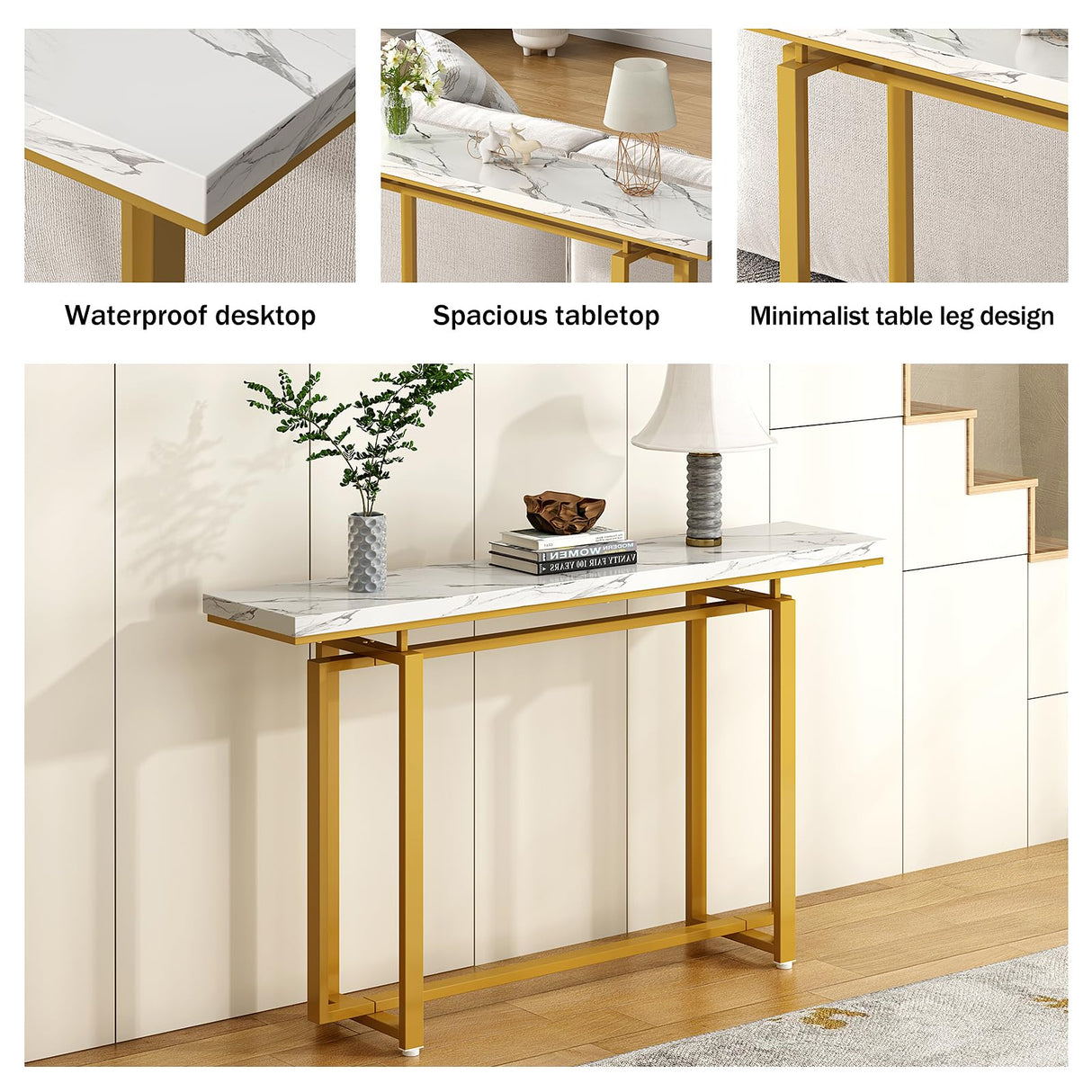 55’’ Gold Console Table, Marble Pattern Top Entry Table, Sofa Table with Gold Metal Leg