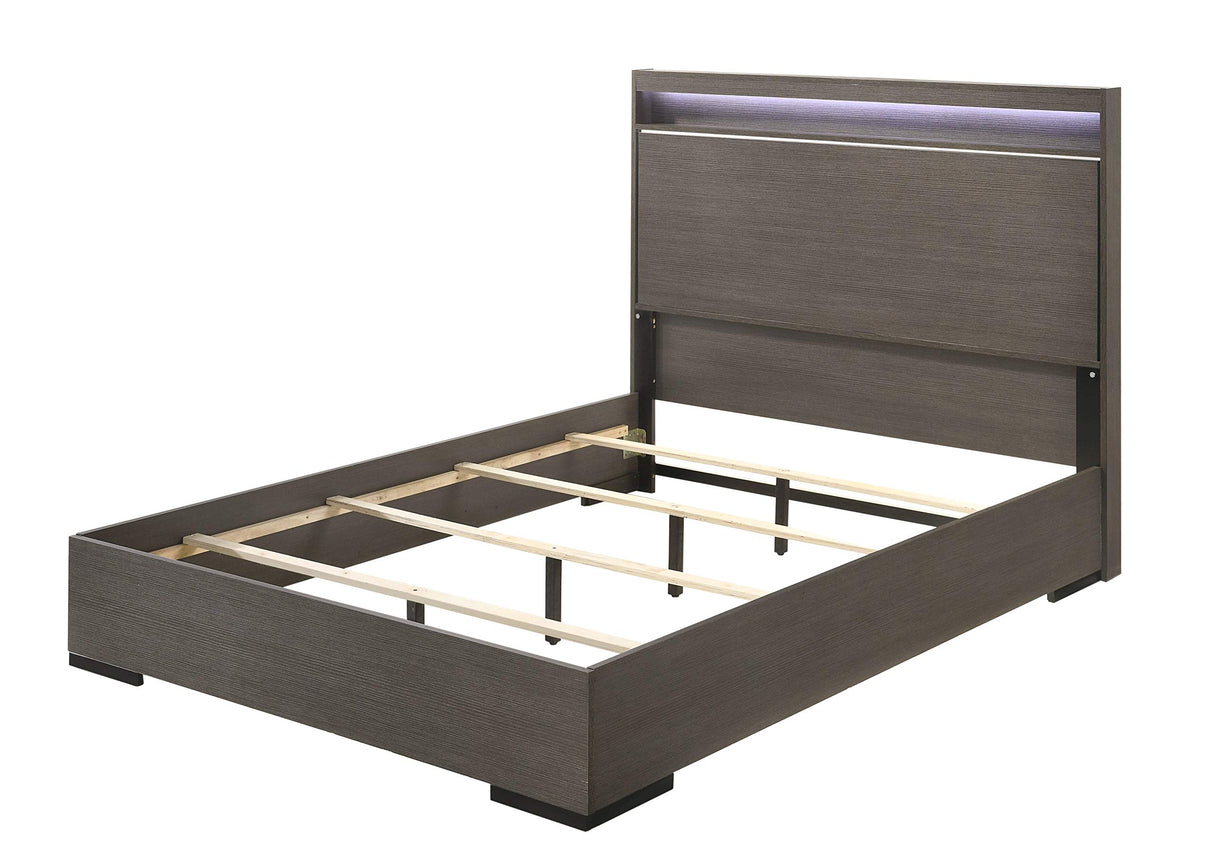 Escher Wooden Queen Panel Bed with LED in Gray Oak