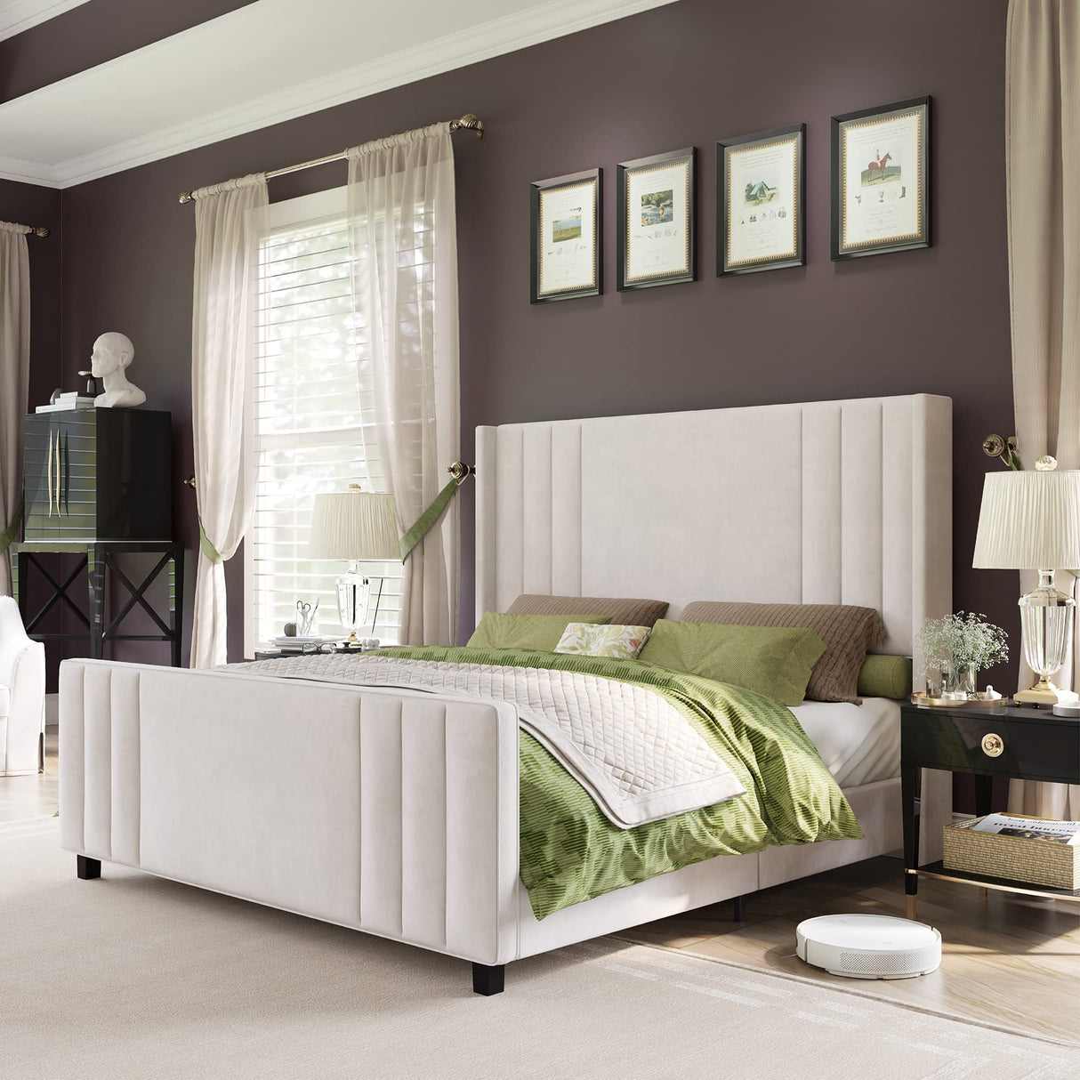 Velvet Upholstered Platform Bed with Vertical Channel Tufted Headboard