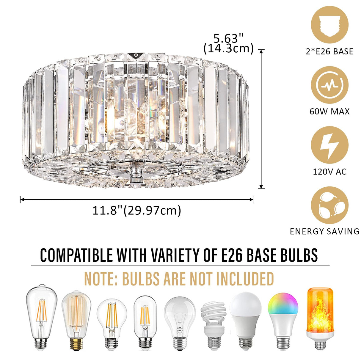 pasentel 11" Crystal Round Flush Mount Modern Close to Ceiling Light Fixture, Chrome Ceiling Lights 2-Light Hallway Light Fixtures, Crystal Ceiling Lamp for Kitchen Bathroom Entryway, XDD007-2-CH