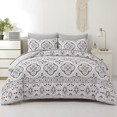 Boho Comforter Set Queen - 7 Pieces Bed in a Bag Floral Medallions Design, Bohemian