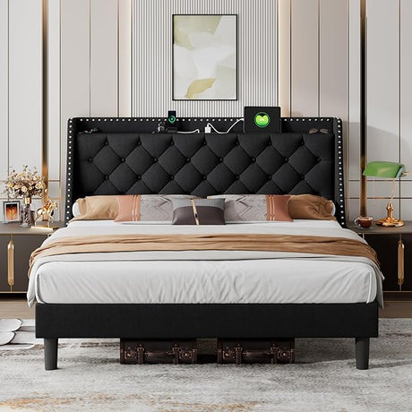 Queen Bed Frame with Wingback & 4" Storage Shelf, Upholstered Platform Bed