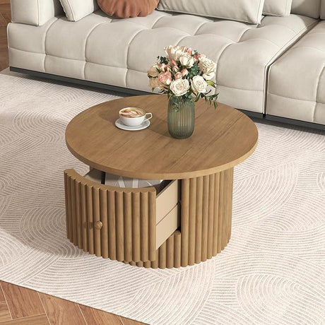 Modern Round Small Coffee Table with 3 Drawers, Farmhouse Wood Center Table