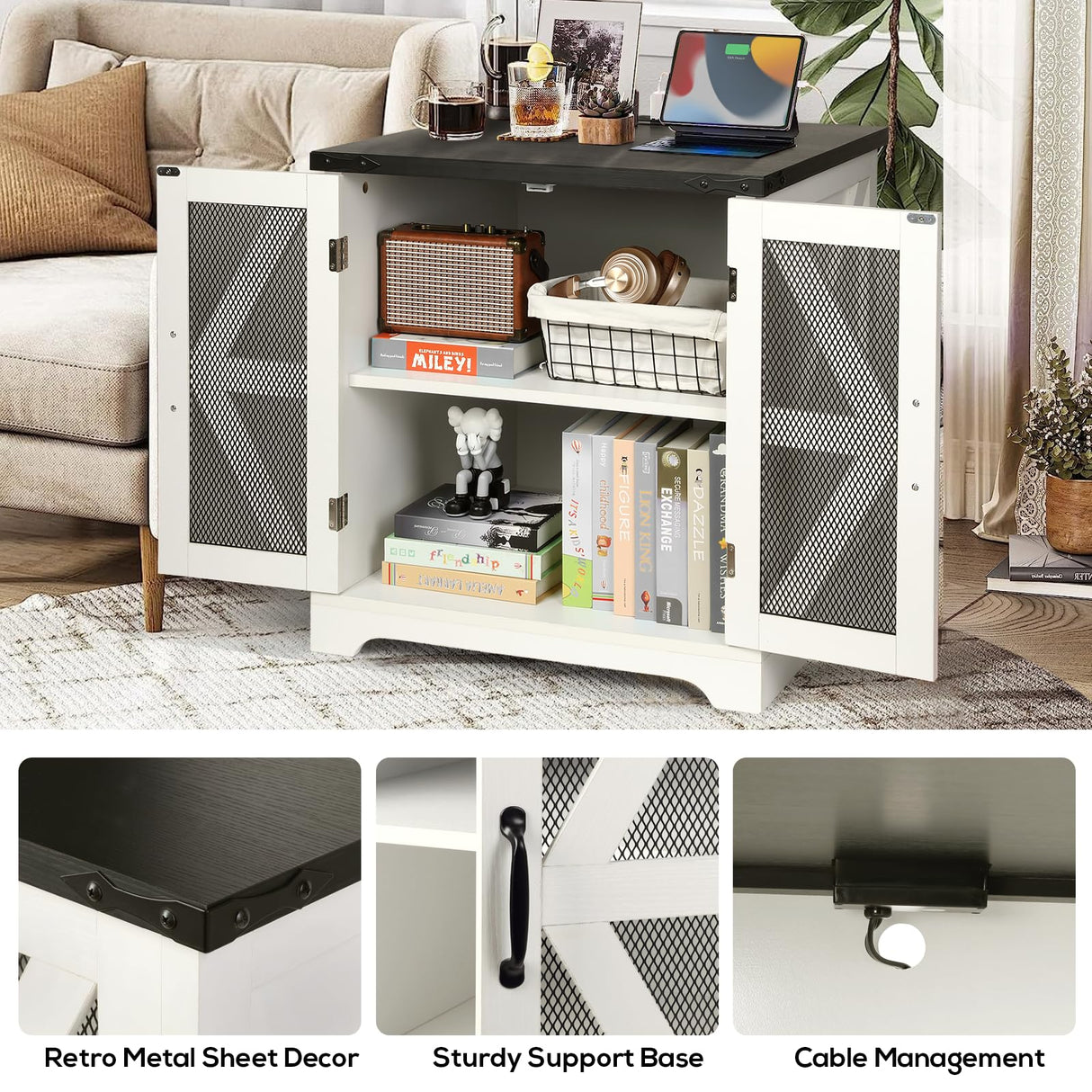 Farmhouse End Table, 24" Large Sofa Side Table with Charging Station