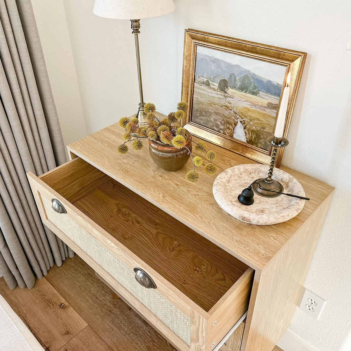 Rattan Nightstand Boho Cabinet Small Dresser