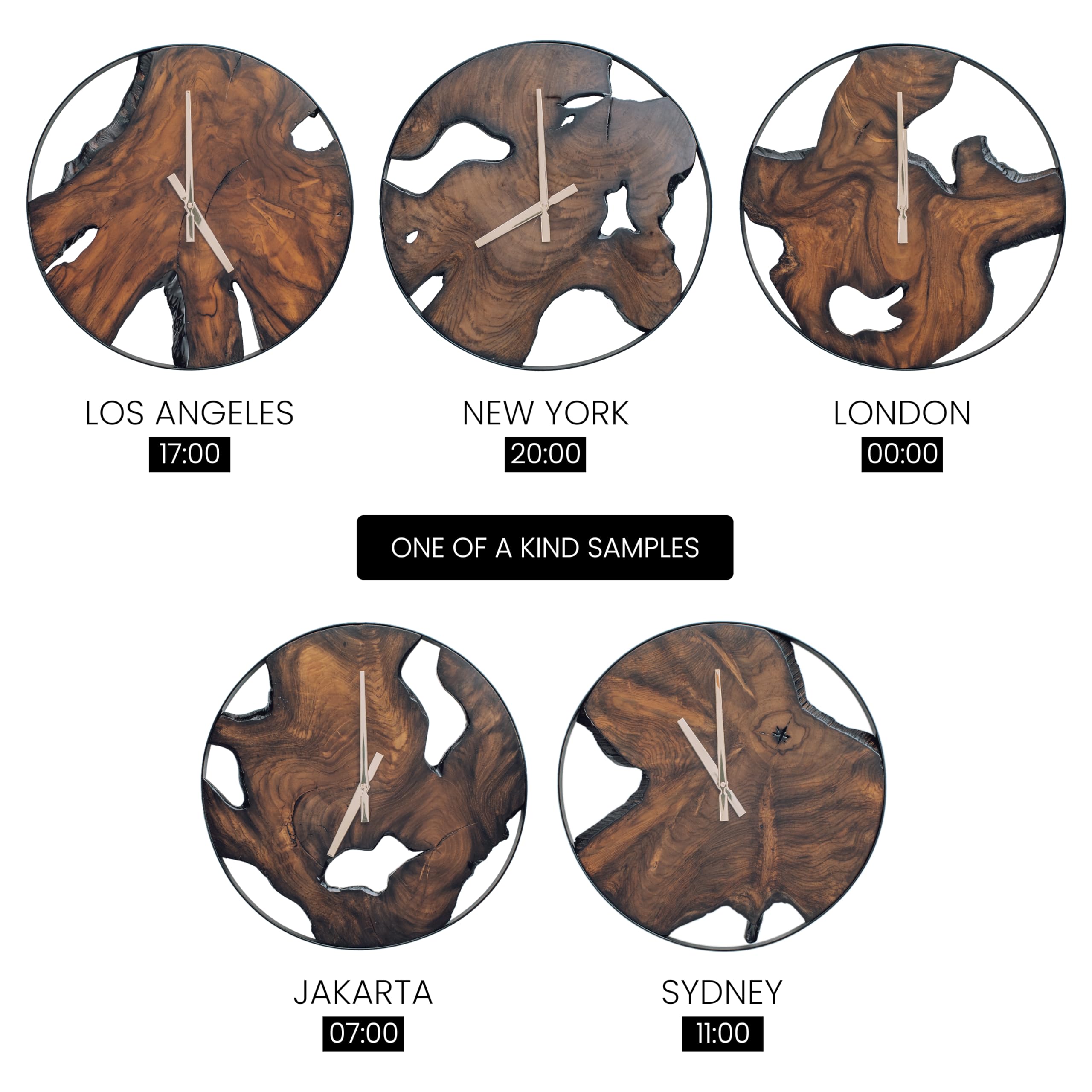 Rustic Wood Wall Clock - Unique Modern Live Edge Teak Dial with Large Black Metal Frame,