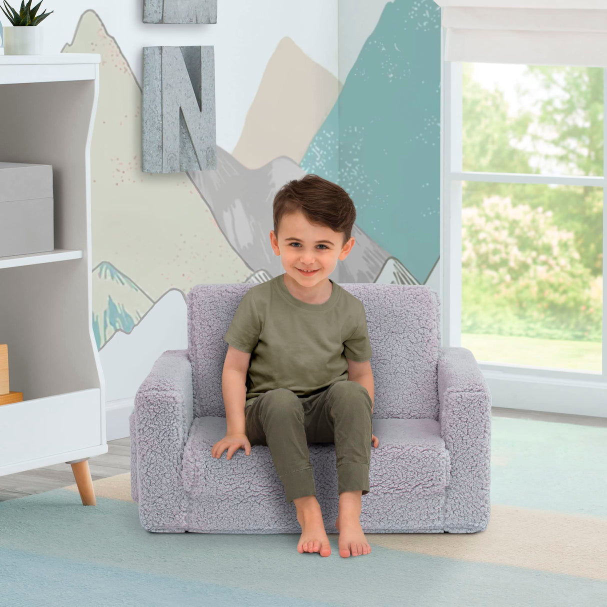 Cozee Flip-Out Sherpa 2-in-1 Convertible Chair to Lounger for Kids, Grey