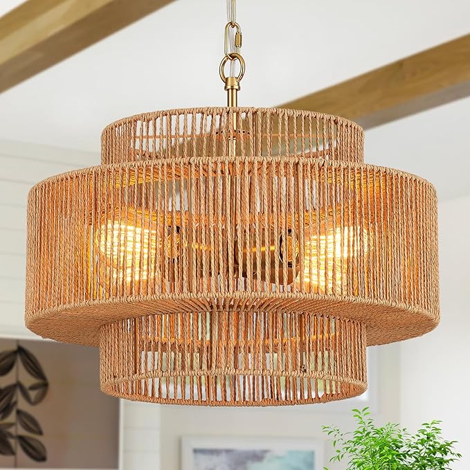 Widluth Hand-Woven Rattan Chandelier Vintage 6-Light Farmhouse Boho Bamboo Chandeliers Light Fixture 23.6" Retro 3-Tier Drum Wicker Rattan Black Chandelier for Dining Room, Kitchen Island, Bedroom