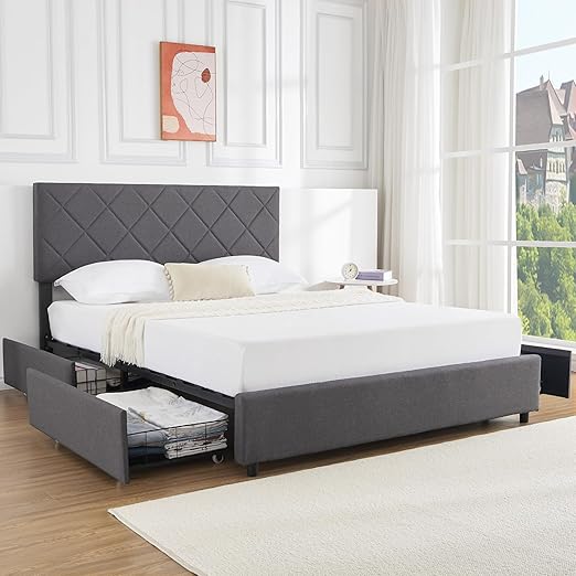 Queen Bed Frame Upholstered Bed Frame Platform with 4 Storage Drawers and Adjustable