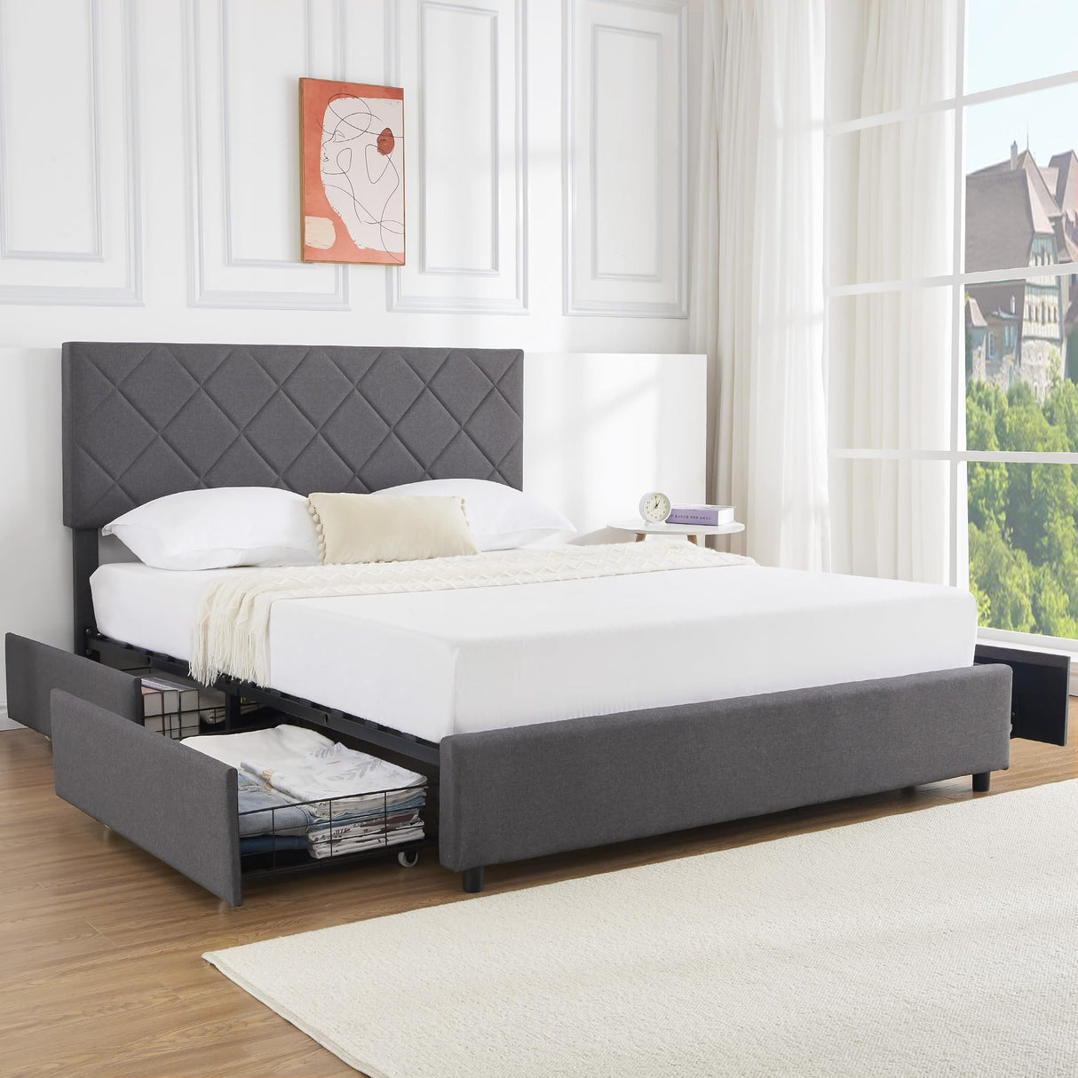 Queen Bed Frame Upholstered Bed Frame Platform with 4 Storage Drawers and Adjustable