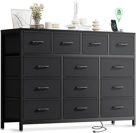 Dresser for Bedroom with Charging Station, 57" Long Dresser with 13 Storage Drawers