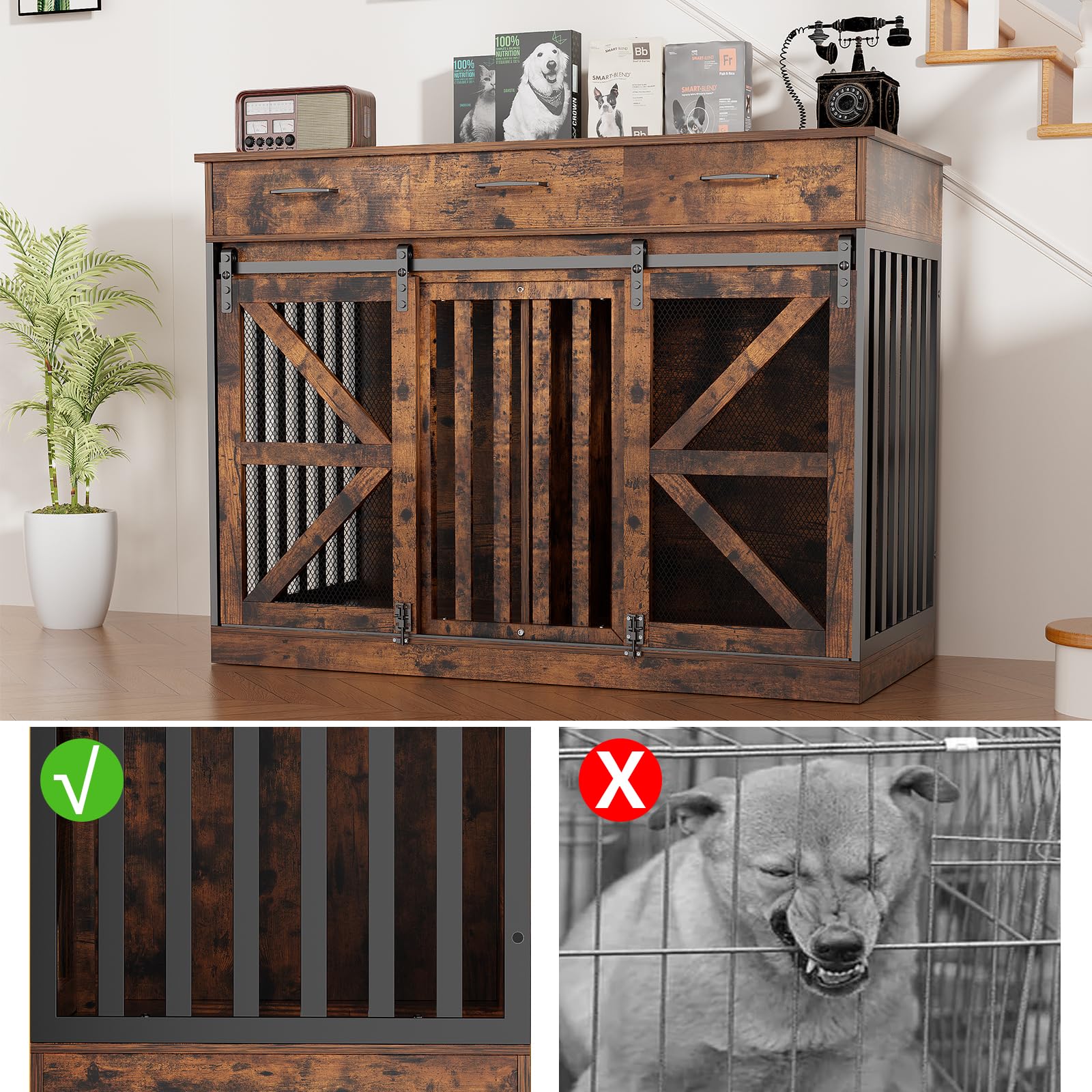 48 Inch Large Dog Crate Furniture with Storage Drawers