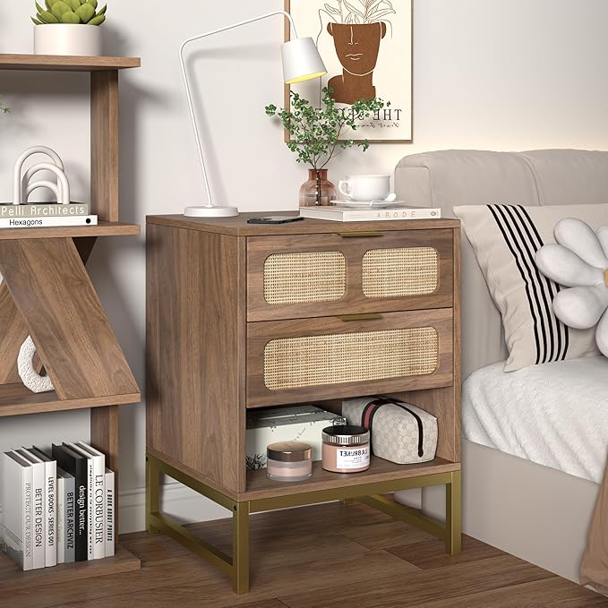 Rattan Nightstand Boho Farmhouse 2 Drawers Nightstand with Open Shelf Mid Century Modern End Table