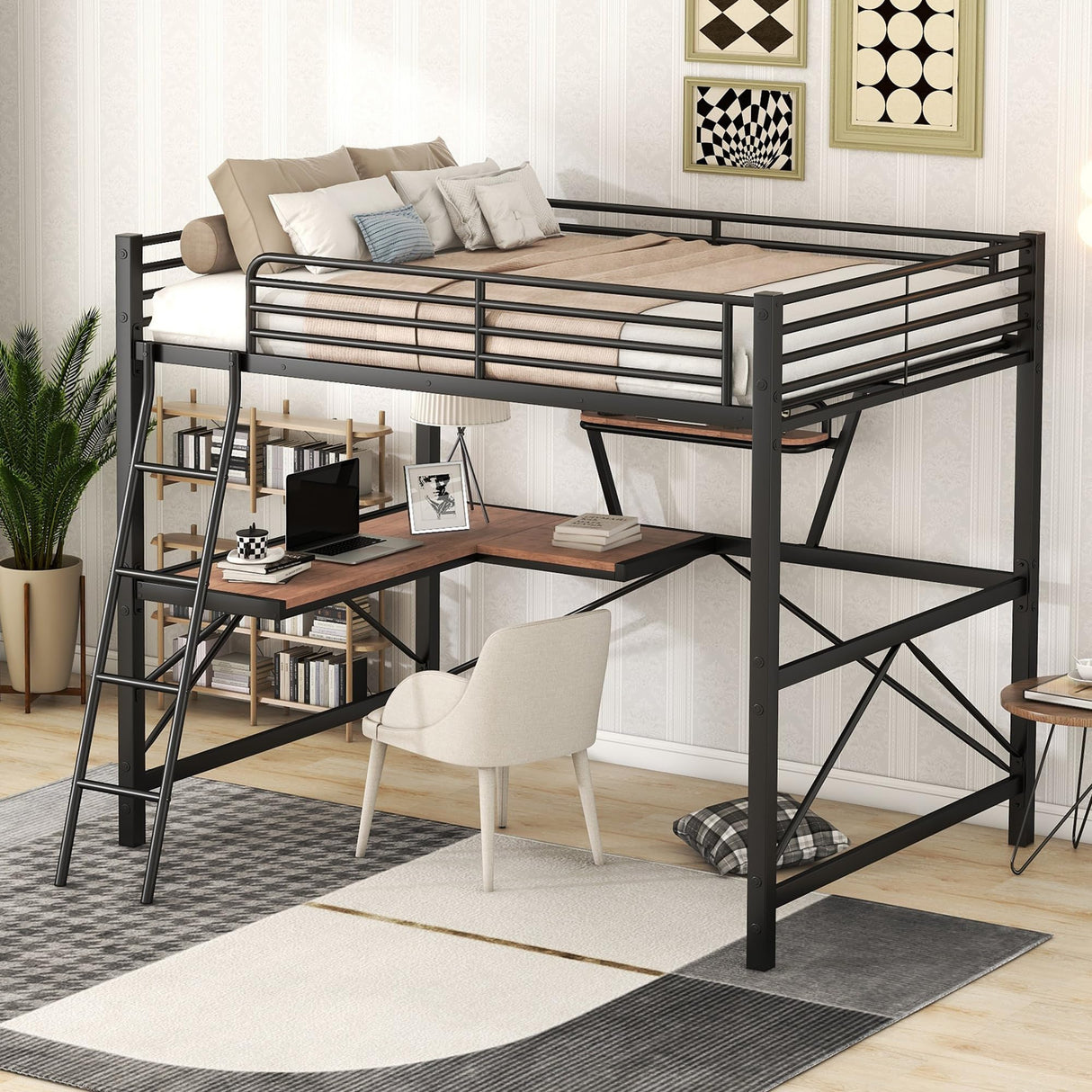 Full Size Loft Bed with Built-in Desk and Storage Shelf