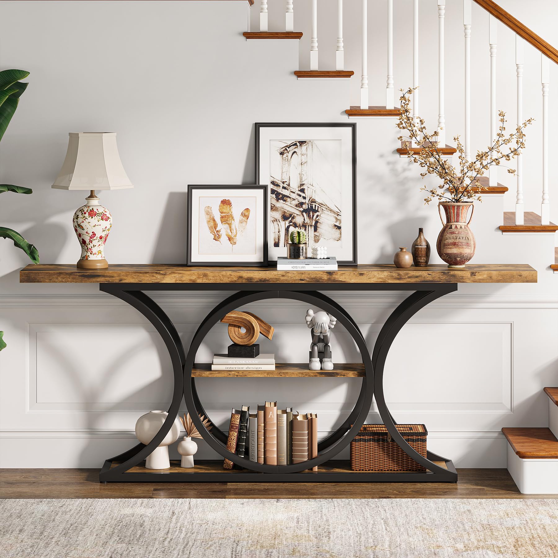 63 Inch Extra Long Rustic Industrial Console Table with 3-Tier Storage