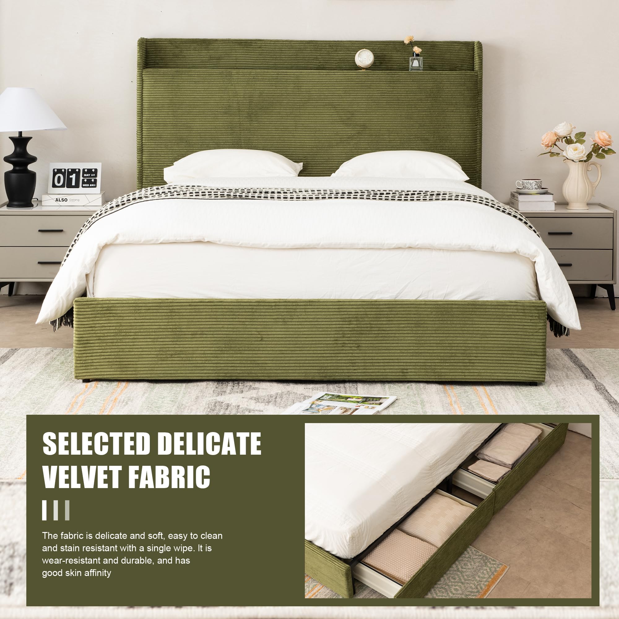 Queen Bed Frame with Storage Drawers - Upholstered Headboard