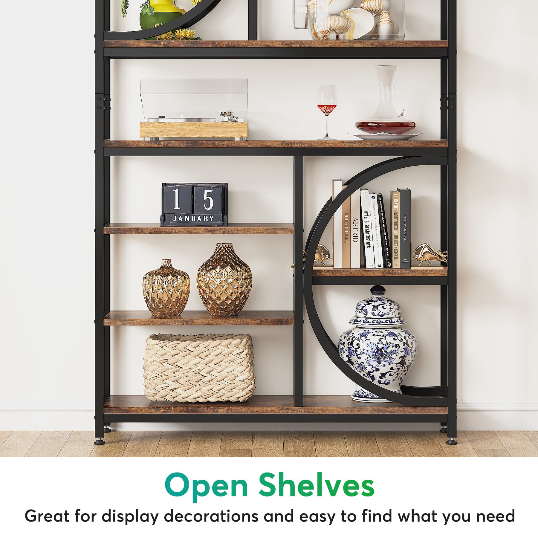 Bookshelf, Industrial 8-Tier Etagere Bookcases, 77-Inch Tall Book Shelf Open Display Shelves, Wood Look Accent Shelving Unit with Metal Frame for Home Office (1, Brown/Black)