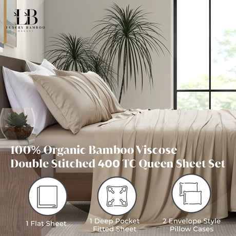 | Queen Size Bed Sheet Set | 100% Viscose Made from Bamboo | Organically Grown |