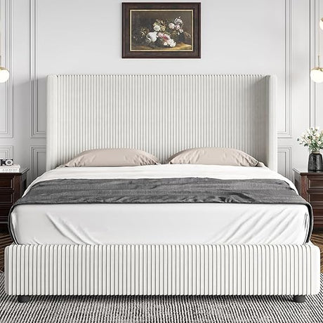 King Size Bed Frame, Upholstered Platform Bed with Vertical Channel Tufted Headboard,