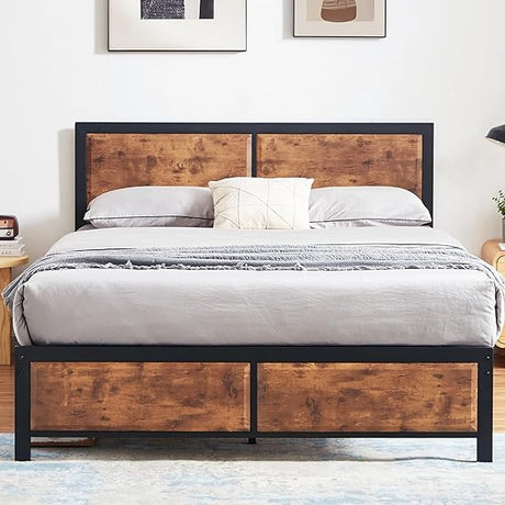 Queen Size Platform Bed Frame with Rustic Vintage Wood Headboard