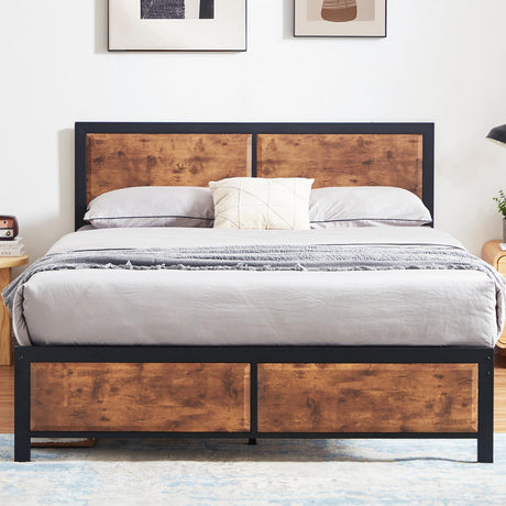 Full Platform Bed Frame/Mattress Foundation with Rustic Vintage Wood Headboard,