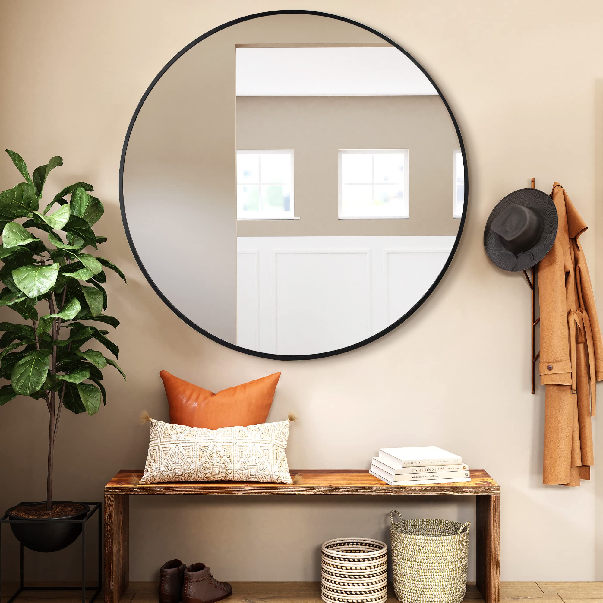 36 Black Round Mirror, Aluminum Framed Circle Wall Mounted Mirror, Circular Vanity Mirror,