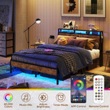 Bestier Full Size Bed Frame with Headboard and Storage, Dual LED Platform Bed Frame with Charging Station, Non-Slip Metal Bed Frame, Noise-Free, Easy Assembly