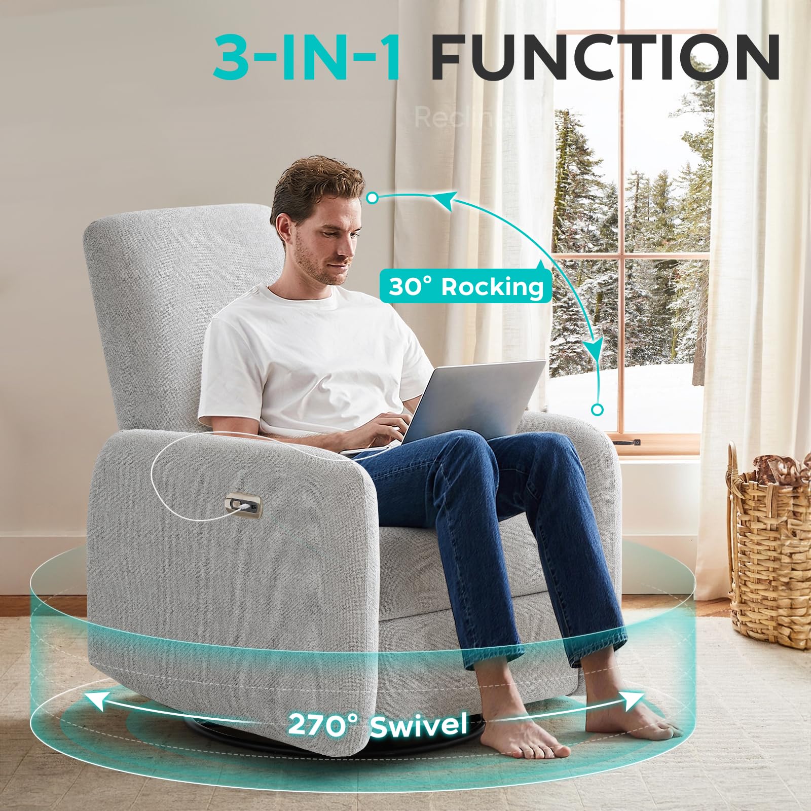 VivaRest Swivel Rocker Recliner with USB-C & Wing Back Support